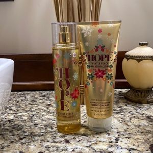Bath and Body Works Winter Peach Marshmallow Mist and Body Cream Set